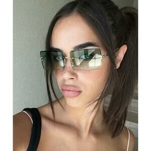 Unisex Rectangular Rimless Green|Blue Tinted  Gold Frame Fashion Sunglasses NEW